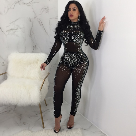 rhinestone jumpsuit black